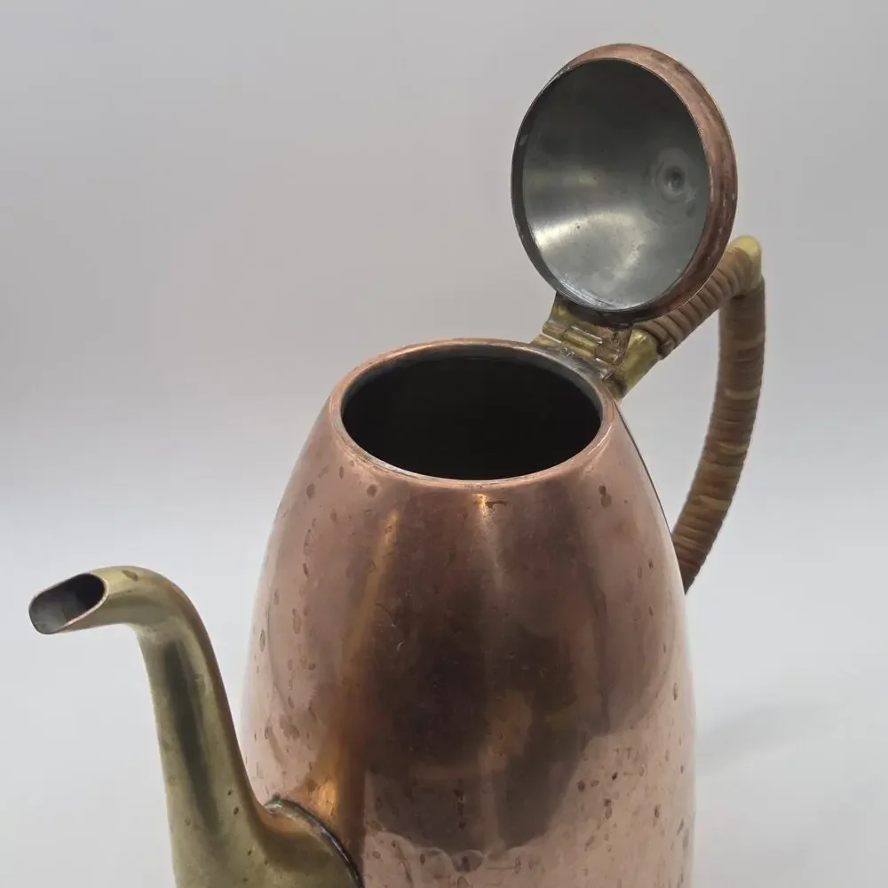 MCM Tea Pot O.H. Lagerstedt Swedish Hammered Copper & Brass 1950s Bamboo Handle